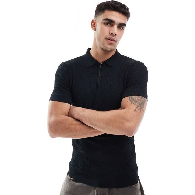 River Island Muscle Fit Textured Knitted Polo Shirt - Black, Black, Size L, Men