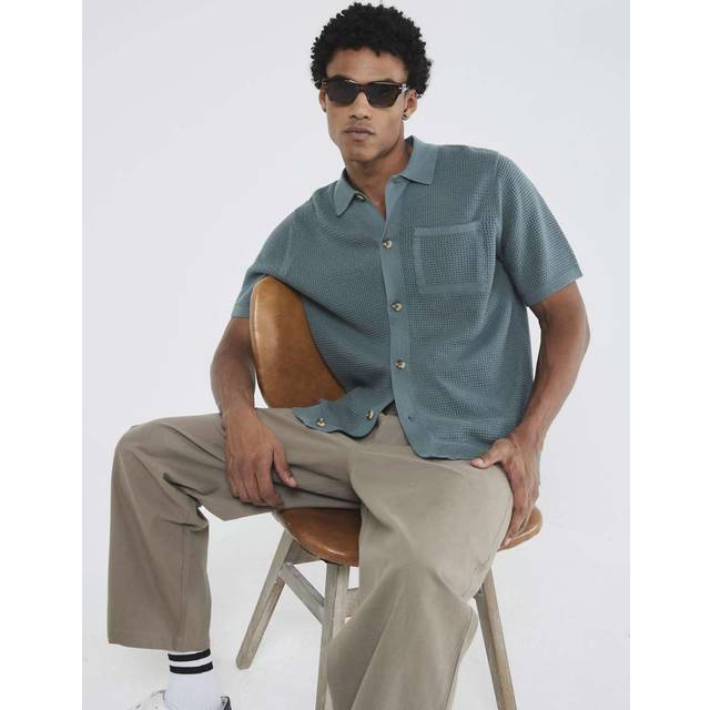 Mens River Island Green Regular Fit Short Sleeve Crochet Shirt