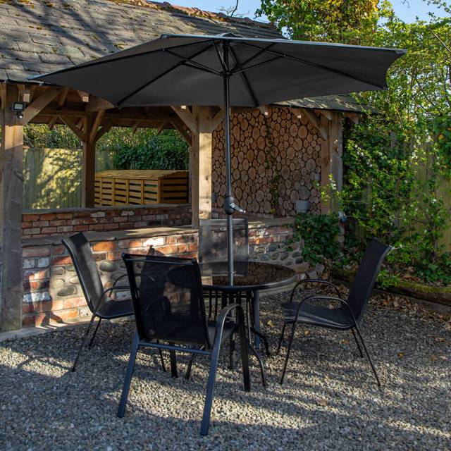 4 Person Round Glass Top Dining Table & Chairs Set with Grey Havana Parasol