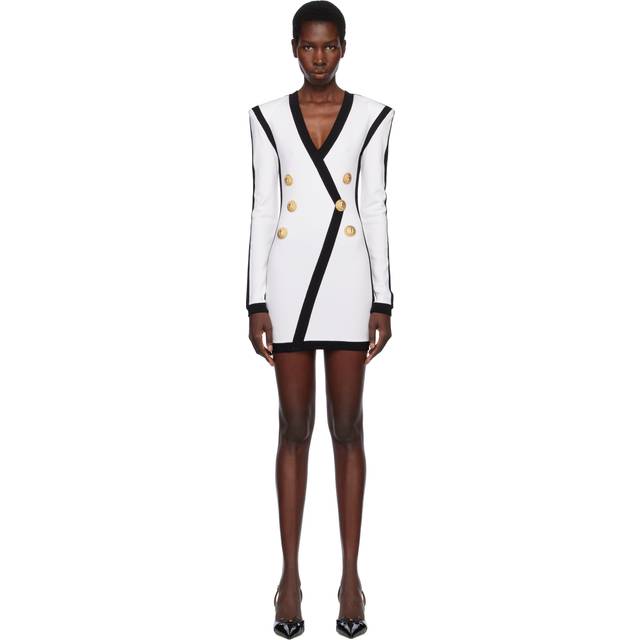 Balmain White LS V-Neck Tailored Bodycon Short Minidress - GAB BLANC/NOIR - FR 36