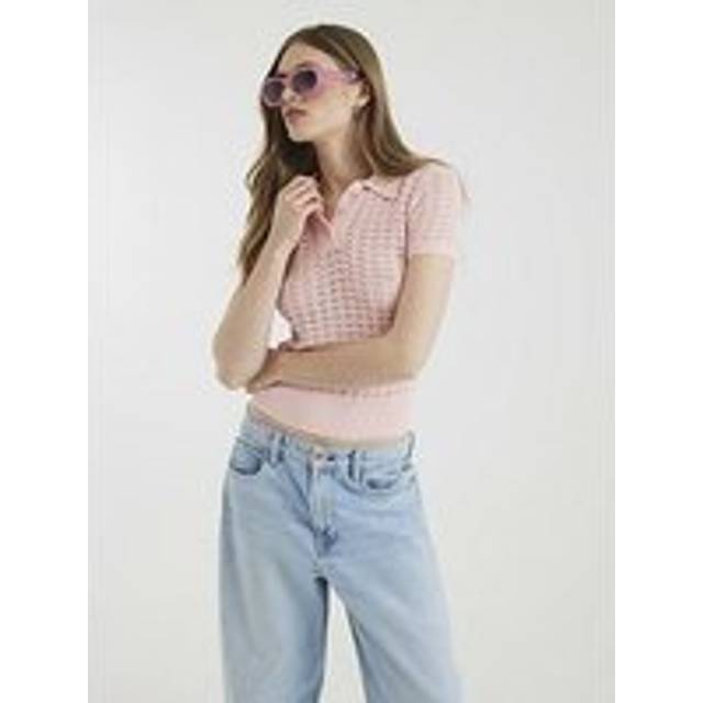 River Island Womens Pink Diamante Trim Crochet Polo Shirt - 10