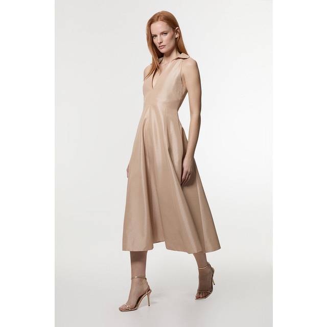 Metallic Taffeta Tux Tailored Full Skirted Shirt Dress - Champagne