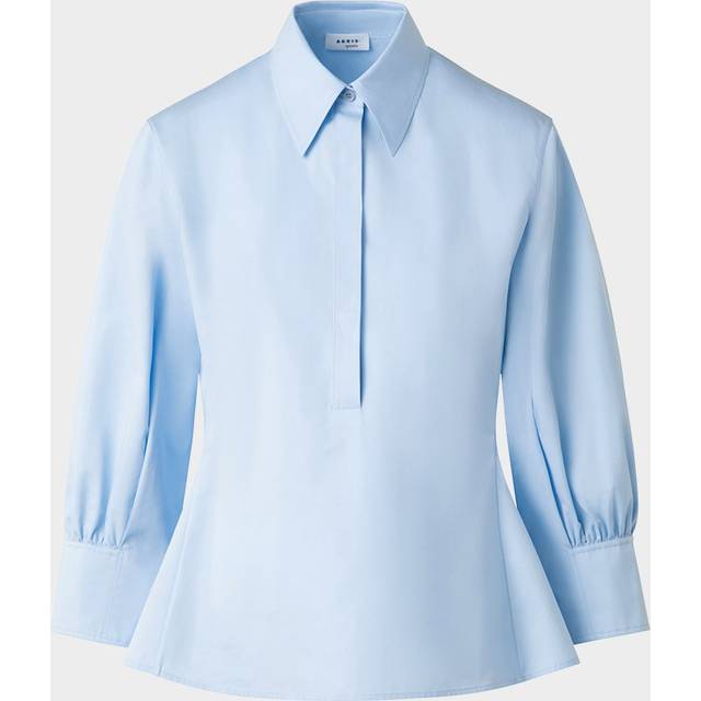 Balloon-Sleeve Button-Front Heavy Cotton Poplin Blouse - SKY - 12