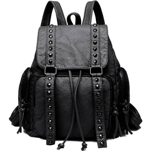 (black) Large Capacity Soft Leather Backpack Women's Bag Large Capacity Travel Backpack