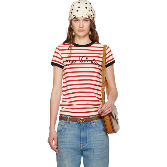Valentino Women&#39;s ChezStriped T-Shirt in Ivory | Size Large | BMG24P (L)