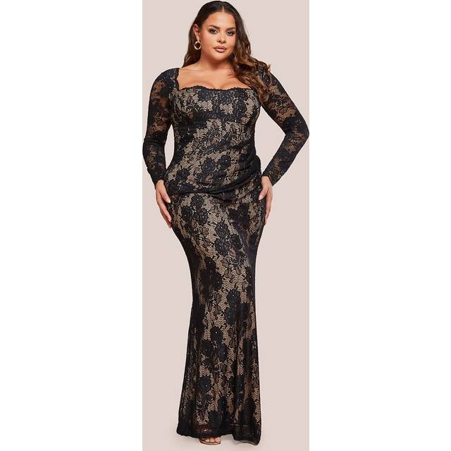 Goddiva Plus Scalloped Lace Corset Bodice Maxi Dress - Black - 20