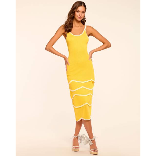 Aurelia Knit Tiered Midi Dress in Lemon Wave - LEMON WAVE - XL