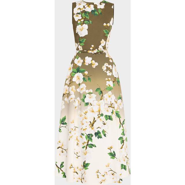 Sleeveless Ombre Cherry Blossom Tea-Length Dress With Belt - WHITE KHAKI OMBRE - 4