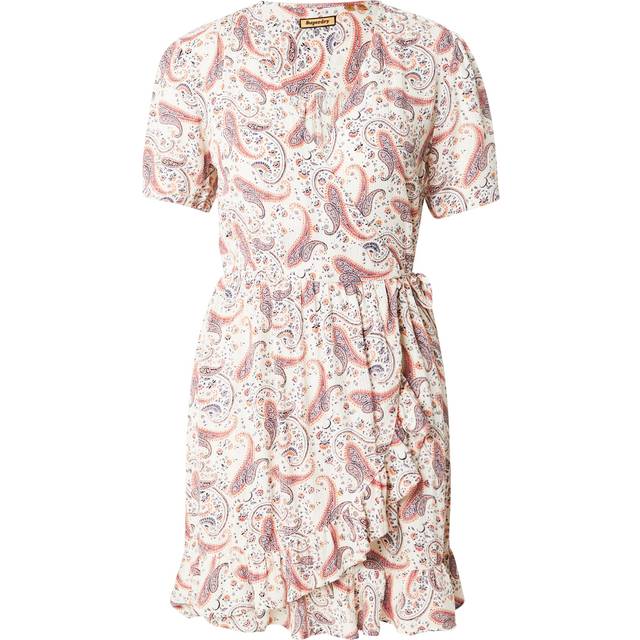 Superdry Short Sleeve Printed Mini Wrap Dress, Cream