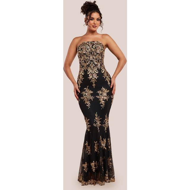 Scallop Bandeau Sequin Mesh Maxi Dress - Black Gold by Goddiva - BlackGold - 16