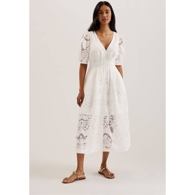 Ted Baker Agnel Lace Puff Sleeve Midi Dress, White