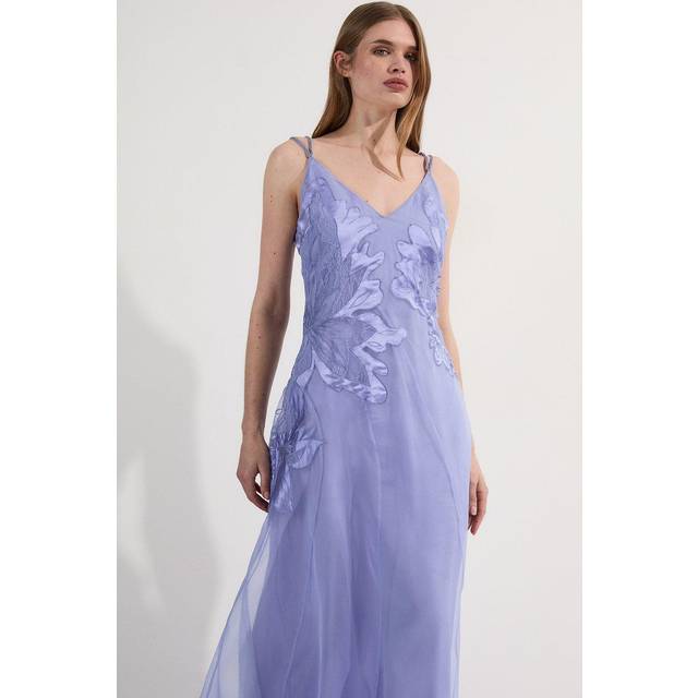 Satin Applique Woven Maxi Dress - Cornflower Blue