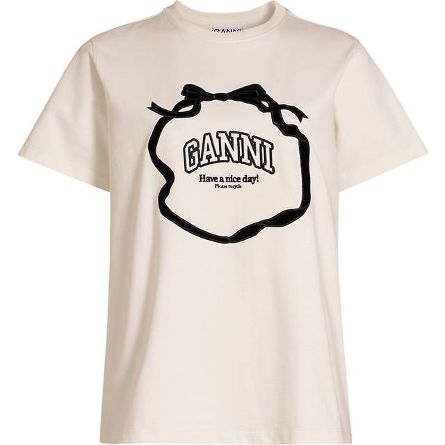 GANNI Off-White Heavy Cotton Bow Relaxed T-shirt - 135 Egret - XS