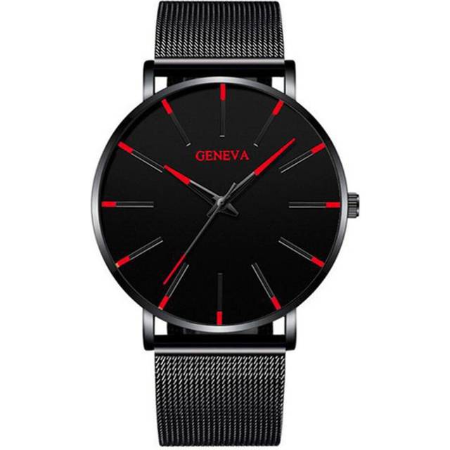 (Red, One size) Men's Minimalist Ultra Thin Stainless Steel Mesh Belt Watch Luxury Men's Watch Business Casual Quartz Watch Black Blue, Bracel (XL)