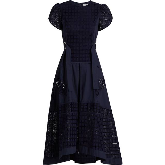 Grid Broderie Anglaise Tulip Midi Dress - NAVY - 0
