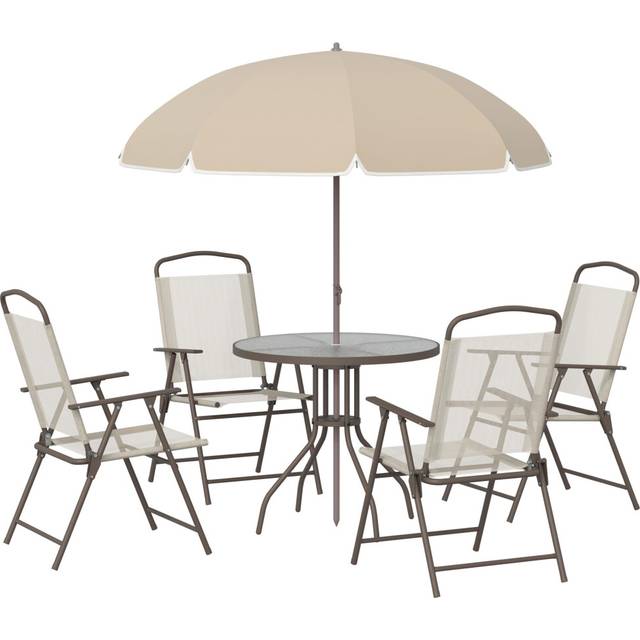 Outsunny 6 Piece Garden Dining Set with Umbrella, Patio Sets with Parasol with 4 Folding Dining Chairs & Round Tempered Glass Table, Beige