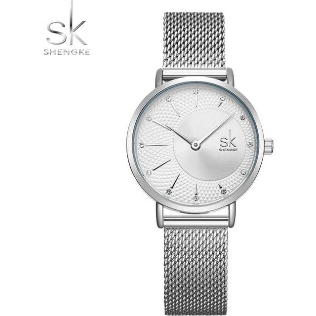 (silver) Shengke Designer Watch For Women Fashion Casual Dial Watch Women Quartz Wristwatches Adjustable Milan Strap - Silver