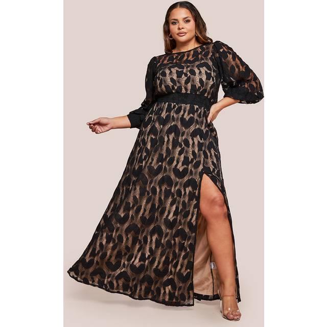 Lace Front Split Long Sleeve Maxi Dress - Black by Goddiva Plus - 26