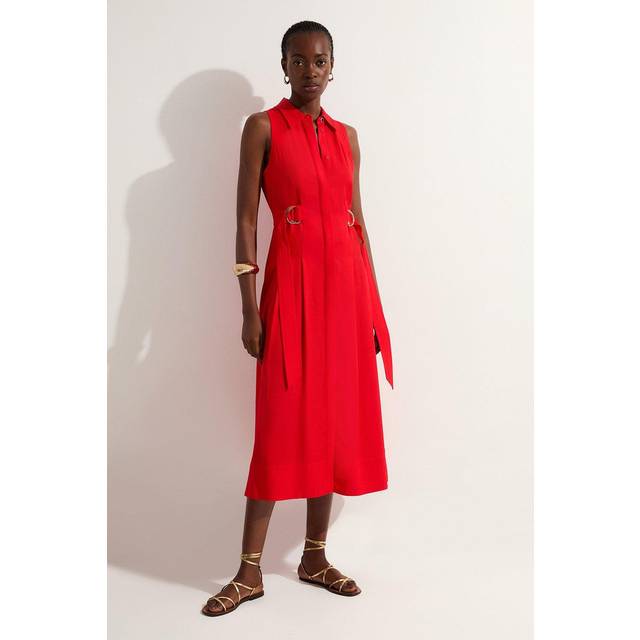 Premium Viscose Linen Topstitch Halter Neck Woven Midi Dress With D Ring Detail - Pink
