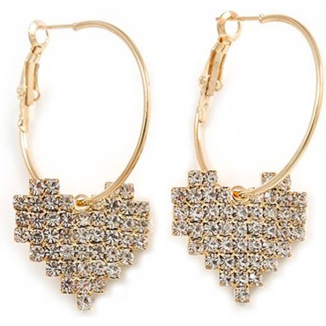 30mm medium romantic hoop earrings with crystal heart in gold tone metal
