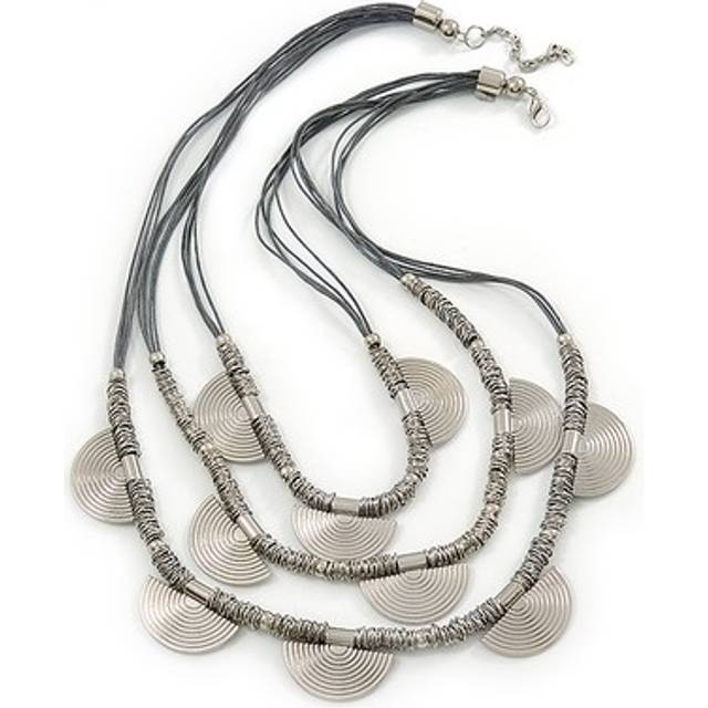 3 strand grey cotton cord necklace with metal rings in silver tone - 66cm l/