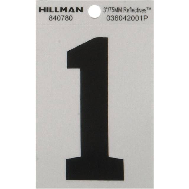 "5028313 3"""""""""""""""" BLK/SLV #1 ADHV 1PC Hillman 3 in. Reflective Black Mylar Self-Adhesive Number 1 1 pc (Pack of 6)"