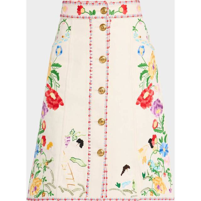 Floral Embroidered Button-Front Denim Skirt - ECRU - 40 IT (4 US)