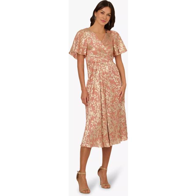 Adrianna Papell Foil Leaf Draped Dress, Coral/Gold