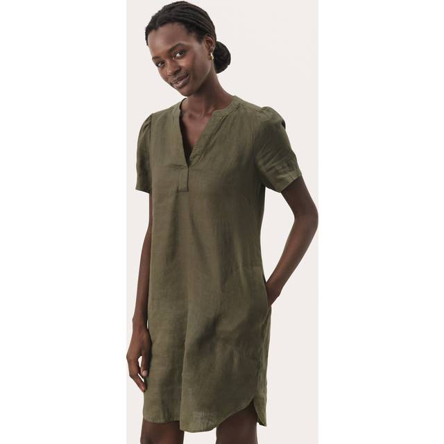 Part Two Aminase Short V-Neck Dress Linen Mix Khaki