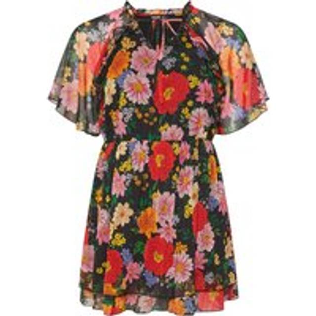 Yours Curve Black Floral Tie Neck Ruffle Mini Dress, Women's Curve & Plus Size, Yours - 22-24