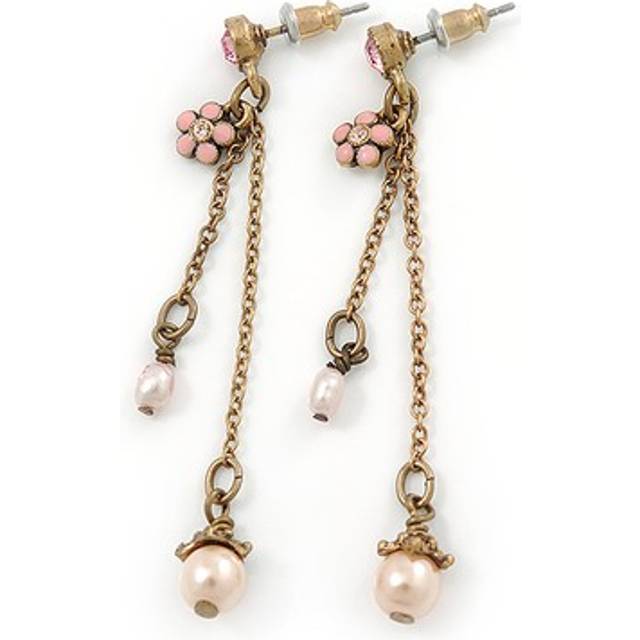 Gold tone pink simulated pearl, enamel flower double chain dangle earrings -