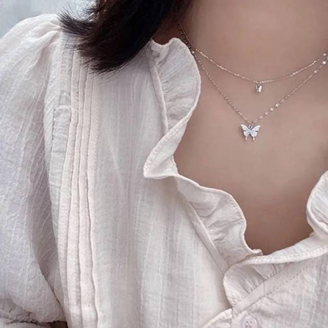 Dazzling silver alloy for women's dual layered butterfly necklace style up