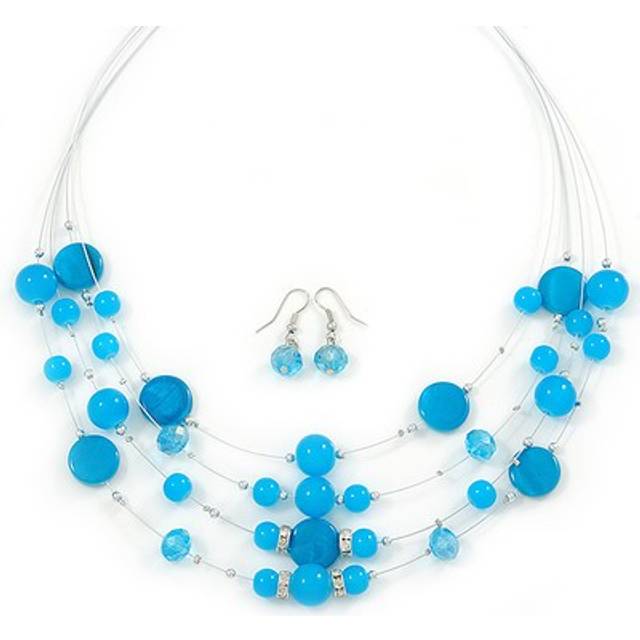 Light blue shell & crystal floating bead necklace & drop earring set - 52cm l/