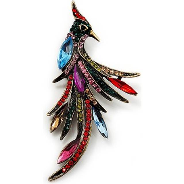Sparkling multicoloured crystal fire-bird brooch (antique gold tone metal)