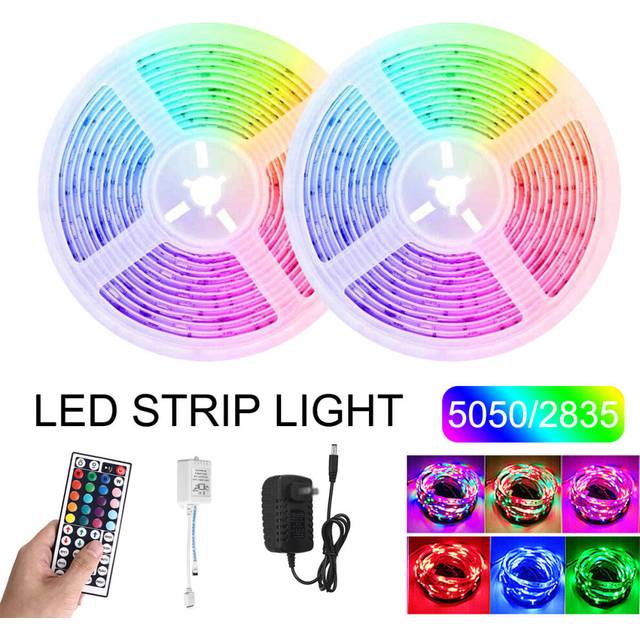 (SMD3528, EU Plug) 2PCS 5M RGB LED Strip Light SMD5050/2835 DC12V Non-waterproof Flexible Tape Lamp+Remote Control+Power Adapter