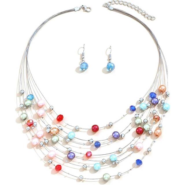 (As show, One size) Layered Bead Necklace Earrings Set for Women Boho Multi-Strand Beaded Choker Necklace Colorful Beaded Dangle Earrings Handmade Tre