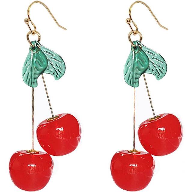 (960, One size) Heyone 18K Gold Plated Vintage 3D Red Big Cherry Charm& Green Crystal Leaf Fruit Tassel Women Hook Dangle Drop Earrings for Women Frie