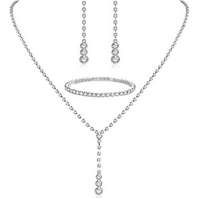 (As show, One size) Cassieca Silver Bridal Jewelry Set Rhinestone Necklace Bracelet Dangle Earrings For Bride Bridesmaid Teardrop Pendant Crystal Wedd
