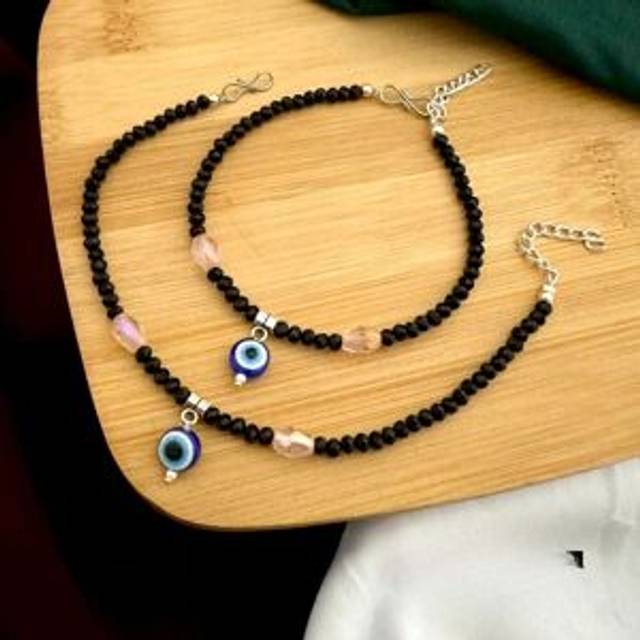 Dangle Evil Eye Black Beaded Silver Foot Anklet Payal - 10 inches