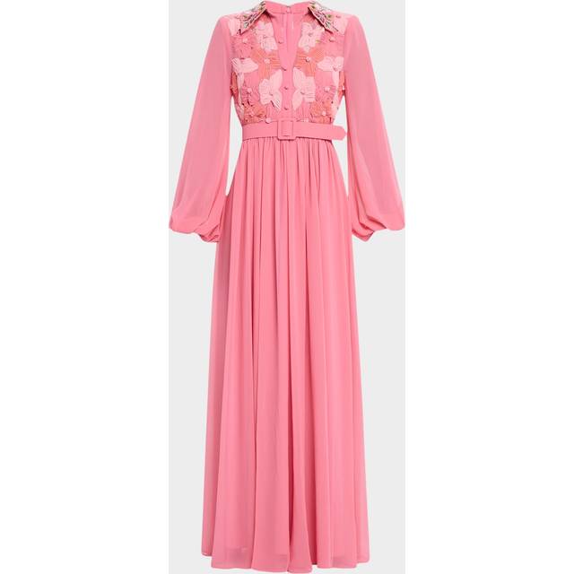 Belted Floral-Embroidered Shirt Gown - SEACORAL - 14