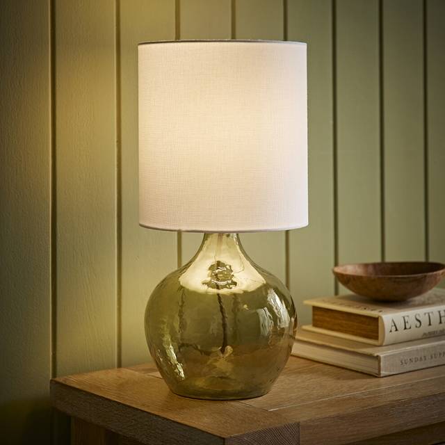 ValueLights Emily Natural Linen Drum Shade Dark Green Glass Teardrop LED Table Lamp - 37.5 x 18.5 x 18.5cm