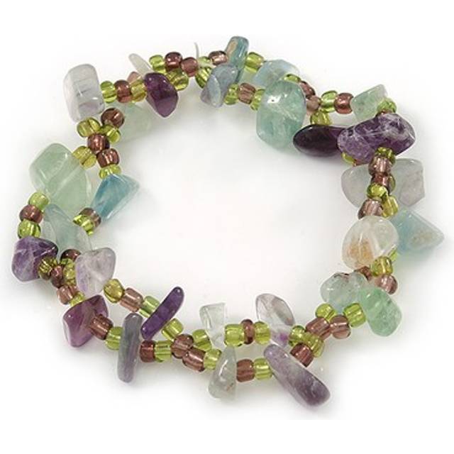 Light green/ amethyst semiprecious stone, glass bead loop flex bracelet - 18cm l