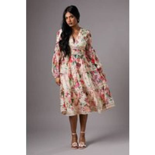 Petite Organza Long Sleeve Printed Lace Trim Dress - Cream - 8