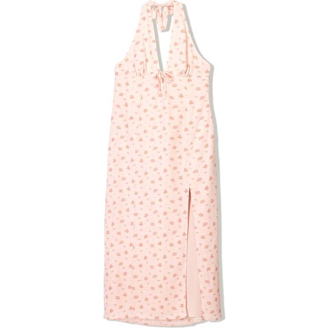 Bershka – Rosablommig maxiklänning med halterneck