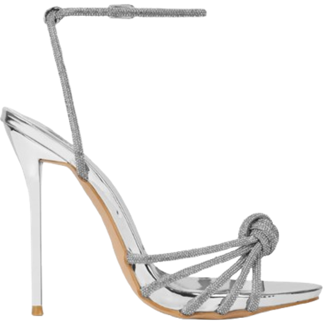 Simmi London – Sharon – Silvermetalliska, utsmyckade klacksandaler med knut och smala remmar