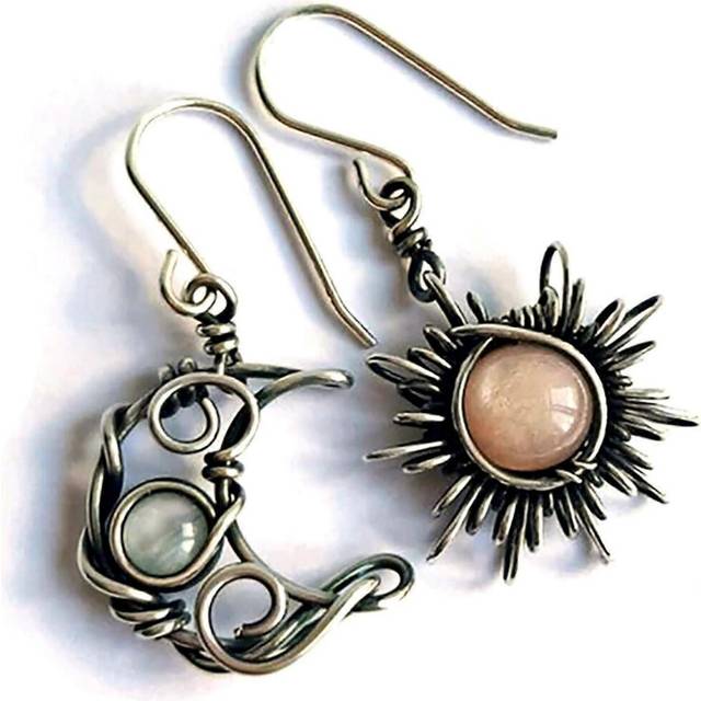 (As show, One size) Boho Opal Sun and Moon Drop Dangle Earrings Moonstone tural Stone Hook Bohemian for Women Girls Asymmetrical Antiqued Silver Celes