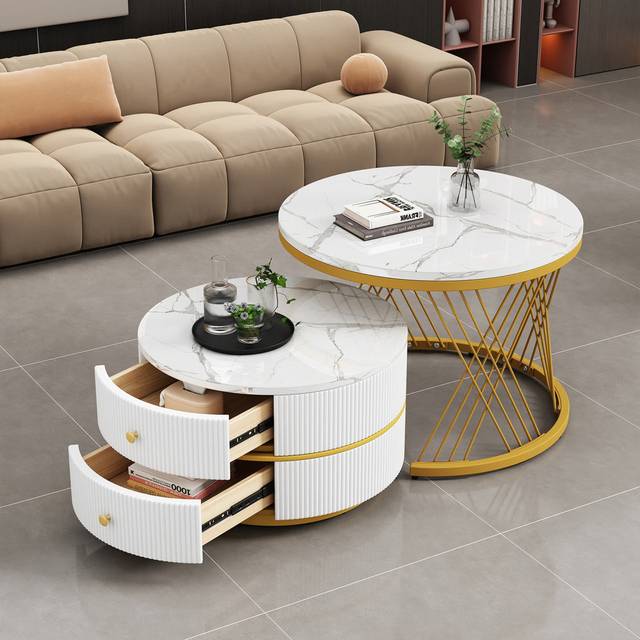 Set of 2 High Gloss Round Nesting Coffee Table with Marble Top - White (46cm H X 60cm W X 60cm D)