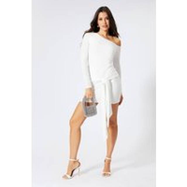 Womens Drop Shoulder Tie Drape Mini Dress - White - 14