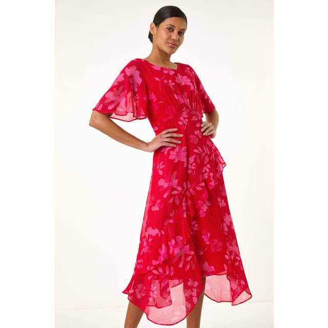 Roman Red Floral Frill High Low Midi Dress - Size 20