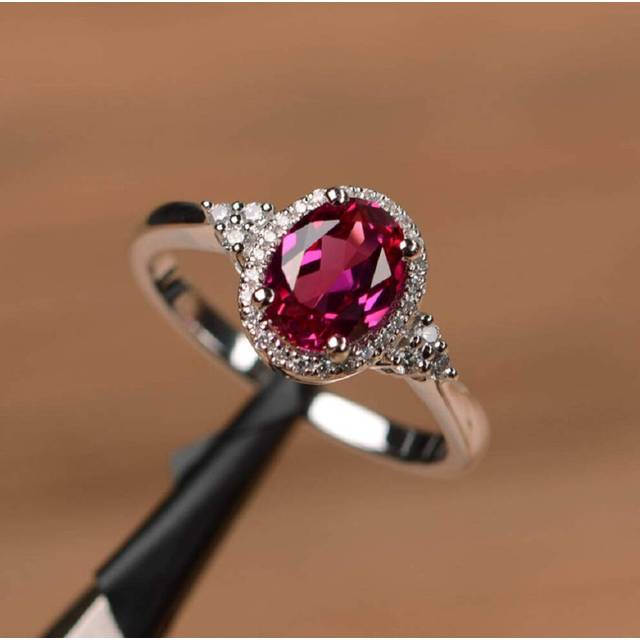 Yaya Elegant 925 Silver Plated Oval Cut Simulated Ruby Halo Engagement Ring Birth Stone Halo Solitaire Ring for Women (9)